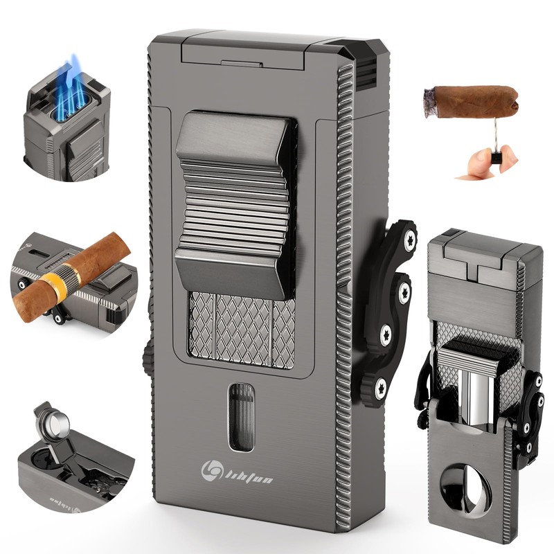 LIHTUN Cigar Lighter Multifunctional All-in-1 Torch Lighters Built-in Holder Cigar