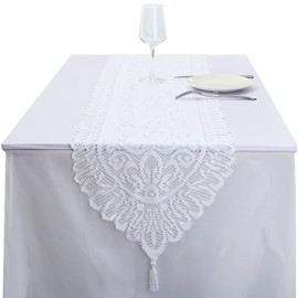 mookaitedecor 13x54 Inch White Lace Table Runner for Wedding Festival Party Christmas Table Centrepiece Home Desk Decor, Vintage Elegant Floral Coffee Dressing Table Runner with Tassels