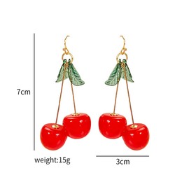 Cherry Cute Earrings for Women Red Funny Drop Dangle Earrings 18K Gold Plated Charm Green Leaf Tassel Kawaii Aesthetic Jewelry Gift, Red