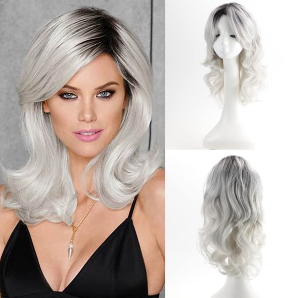 RENERSHOW Ombre Gray Wave Curly Wigs for Women Long Sliver