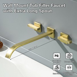 BEIYI Wall Mount Tub Filler Brushed Gold Bathtub Faucet Extra Long 11.8" Bath Tub Faucet Set High Flow 2 Handle Wall Mounted Bathtub Faucets, BY005TG