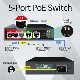 STEAMEMO 5 Port AI PoE Switch (4 POE Ports +1 Uplink), 802.3af/at PoE 100Mbps, 52W Built-in Power, Extend to 250Meter, Unmanaged Metal Plug and Play