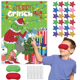 WISANU Christmas Games Party Supplies - Pin The Star on Grinchs Decorations Gifts for Holiday Party Game Kids Family Games