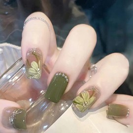 Press On Nails Short Square, Coffin Shape Full Cover Reusable False Nails with Glue, Stick On Nails with Green Flower Designs, Artificial Fingernails Acrylic Fake Nails for Women, Glue On Nails Medium