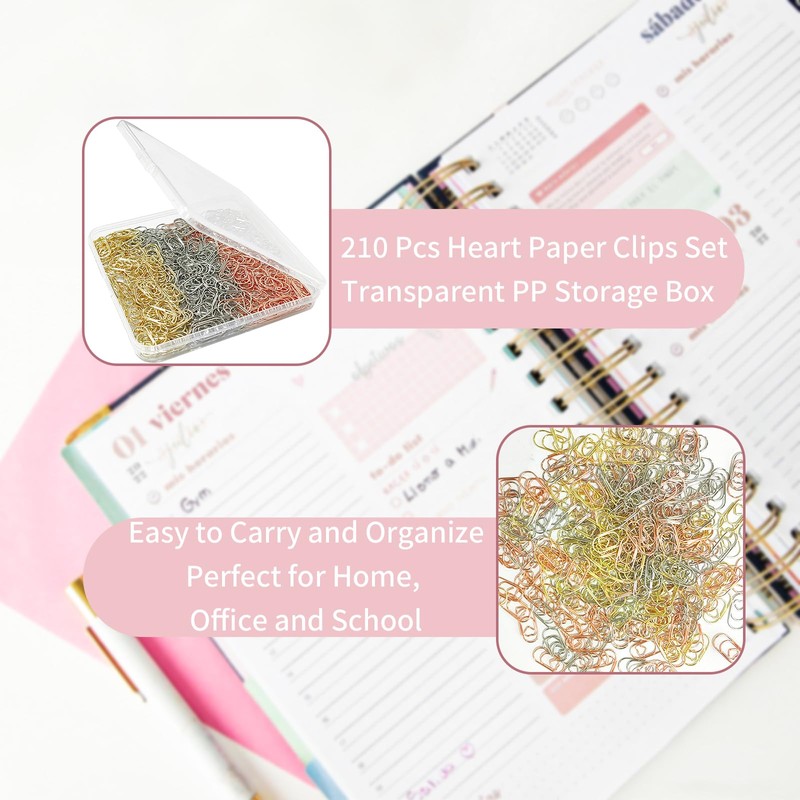 GUTE Heart Paper Clips 210Pcs 3 Colors Stainless Steel Office