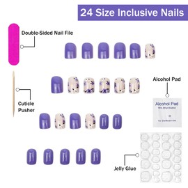 Purple Press on Nails Short Square SWEKKE Cute Fake Nails False Nails with Purple&White Floral Designs Full Cover Glossy Glue on Nails Acrylic Nails Stick on Nails for Women Girls 24Pcs