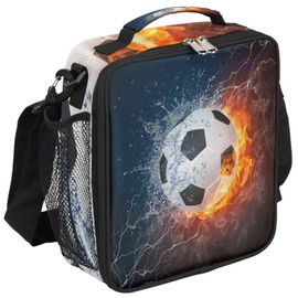 Water Fire Soccer Ball Kids Lunch Box, Sports Football Insulated Lunch Bag for Boys Girls, Reusable Waterproof LunchBox with Adjustable Shoulder Strap Cooler Tote Bag for School, Work, Picnic