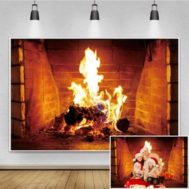 Renaiss 7x5ft Fireplace Backdrop for Christmas Party Burning Wood Realistic Flames Photography Background Farmhouse Winter Bonfire Night Decor Camping Banner Family Christmas Photo Studio Props Vinyl