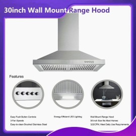 Tieasy 30inch Wall Mount Range Hood 450CFM Kitchen Vent Stainless Steel LED New