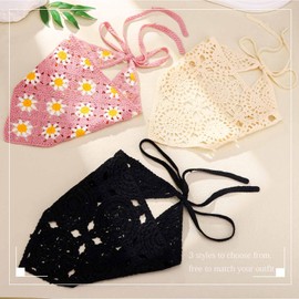 Acenail Crochet Hair Bandanas Women Floral Hair Scarf Tie Back Bandana Headband Knitted Head Kerchief Headbands Elastic Wide Knit Head Wraps Summer Boho Hair Accessories for Women 3 Pcs (Floral)