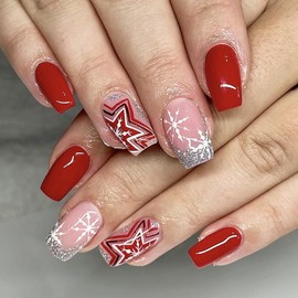 Santa Claus Press on Nails Short Square Shape French Tip Fake Nails with Red Glitter Reusable Christmas False Nails Glue on Nails Red White Stripes Acrylic Nails for Women Girls Nail Supplies 24Pcs