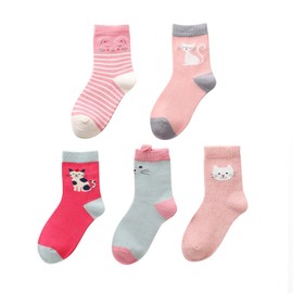 SUNBVE 5 Pack Little Big Girls Cat Crew Cotton Socks