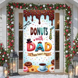 Donuts with Dad Door Banner Decorations Happy Father's Day Door Cover Photo Booth Backdrop Polyester Fabric Porch Sign for School Classroom Church Breakfast Party Supplies Home Yard Wall Hanging Decor