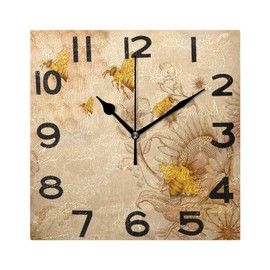 ZzWwR Chic Vintage Honey Bees and Sunflowers Print Square Wall Clock, 8 Inch Battery Operated Quartz Analog Quiet Desk Clock for Home,Office,School