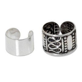 NOVICA Artisan Handmade Sterling Silver Ear Cuff Earrings Pair No Stone Cuffs Thailand Modern Bohemian [ornate Cuff 1.3 in L x 0.3 in W Plain Cuff 0.9 in L x 0.2 in W] ' Two Epochs' Pair