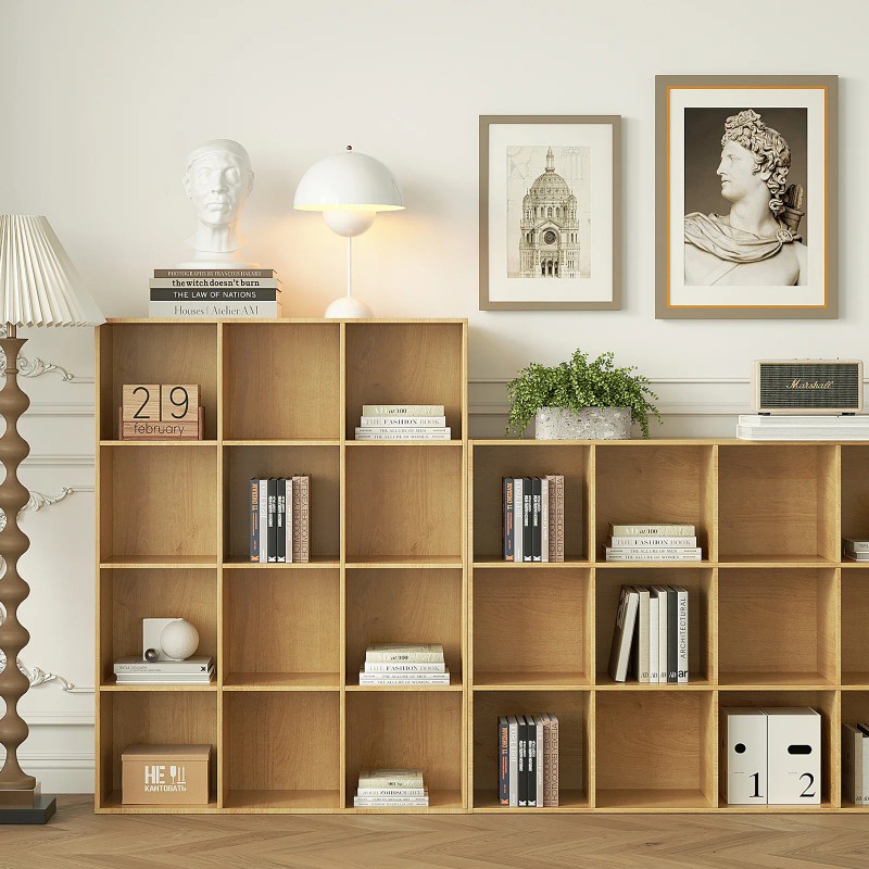 White Oak Wooden 12-Cube Storage Organizer with Closed Back Panel