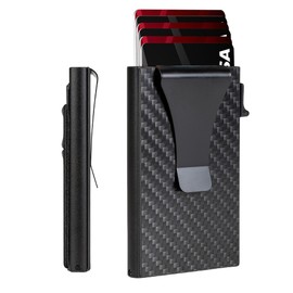 Slim Aluminum Wallet for Men, RFID Blocking Minimalist Matel Pop Up Card Holder Wallet, Holds 8+ Cards,Durable Removable Money Clip & Money Pocket(Carbon Fiber)