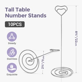 HomWanna Table Number Holders 10Pcs - 8.75 inch Heart Shaped Place Card Holder Tall Table Number Stands for Wedding Party Graduation Reception Restaurant Home Centerpiece Decoration Memo (Silver)