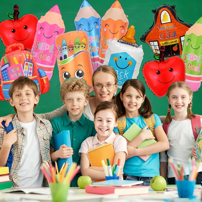 10 Pcs Back to School Balloons with Pencil, Bag, Crayon