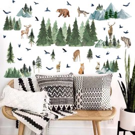 Woodland Animal Wall Stickers Forest Animals Wall Decal Watercolor Green Pine Tree Wall Stickers Removable Large Mountain Tree Animal Wall Stickers for Nursery Kids Room Bedroom Decor