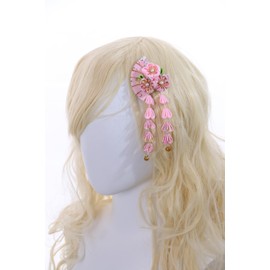 C-120-1 Pink Handmade Fan Shape Sakura Cherry Blossom Fabric Flowers Tassels Hair Clip Hair Clip Hair Clip Japan Geisha Kimono Accessory