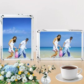 Acrylic Photo Frame - Magnetic Picture Frame 6 x 4 inch/15 x 10cm Photo Frames Clear Double Sided Block Set Thicker Frameless Desktop Clear Floating Frames Free Standing for Family Travel Photo