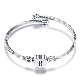 MiiFort Women's Initial Name Silver Cuff Bangle Letter B Bracelet Love Heart Stainless Steel Family Sister Daughter Granddaughter Birthday