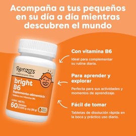 Renzo's Bright B6 | Vitaminas B6 para Niños | 60 Tabs Masticables sin Azúcar | Vitaminas para Niños Sabor Naranja