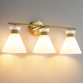 WOSHITU Bathroom Vanity Light Fixtures: 3-Lights Mid Century Modern Vanity Lights for Bathroom Over Mirror, Brushed Gold Wall Sconce Lighting with Frosted Milky Glass Shade for Bath Living Room