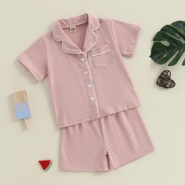 YILEEGOO Toddler Baby Boy Girl Cotton Pajamas Set Summer PJS Short Sleeve Lapel Neck Button Down Shirts Tops with Elastic Pants Loungewear Sleepwear Homewear (Pink, 3-6 Months)