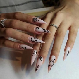 SINHOT Stiletto Press on Nails Extra Long Fake Nails with Glue Glossy False Nails with Black Leaves Designs Full Cover Almond Acrylic Nails 24pcs