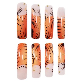 Curved Press on Nails Orange Fake Nails French Tip Nail Press ons with Golden Design Tiger Skin Glue on Nails Glossy Full Cover Stick on Nails Long Square Acrylic False Nails for Women Manicure 20Pcs