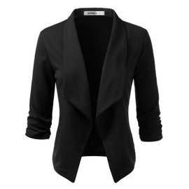 DOUBLJU Ruched 3/4 Sleeve Open Front Draped Blazers Business Casual Basic Work Jackets for Womens Clothes with Plus Size Black