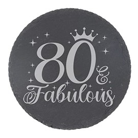 80th Birthday Gift for Women 80 & Fabulous Engraved Slate Coaster Present for 80 Year Old Etched Natural Slate Placemat (Round Coaster)