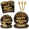 Qyeahkj 100pcs Happy New Year Black and Gold Party Tableware