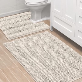 H.VERSAILTEX Bathroom Rugs Bath Rug Set 2 Piece Bathroom Contour Rug Toilet Mat Sets Non Slip Contour Bath Rug Ultra Thick Water Absorbent Striped Bath Mats Washable(36" x 24" Plus 20" x 24" U, Ivory)