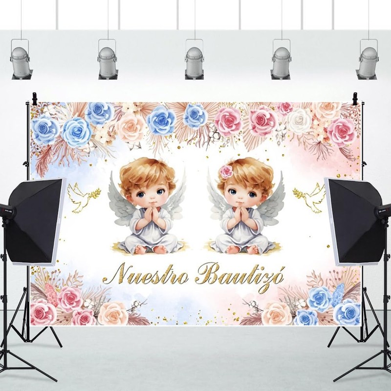 Mi Bautizo Baptism Backdrop for Twin 7x5ft Boho Pink and