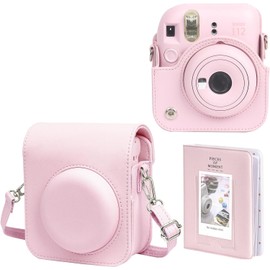 Funda protectora para cmara instantnea Fujifilm Instax Mini 12 Funda de piel premium con mini lbum de fotos y correa extrable y ajustable (rosa flor)