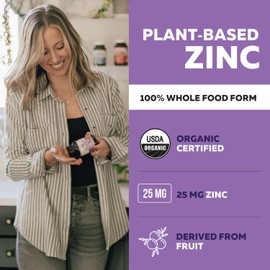 Organic Zinc 25 mg | Whole Food zinc Supplements | Derived from Organic Fruit, Elemental Zinc - Water Extracted, Vegan, GMO-Free - Essential Mineral, Antioxidant, Immune Support, Skin - 60 Servings