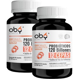 Probioticos 120 Billones de 12 Cepas  Prebioticos. OBY MULTI Probiotics además contiene Inulina Raiz de Achicoria. Probioticos Mujer y Hombre - 60