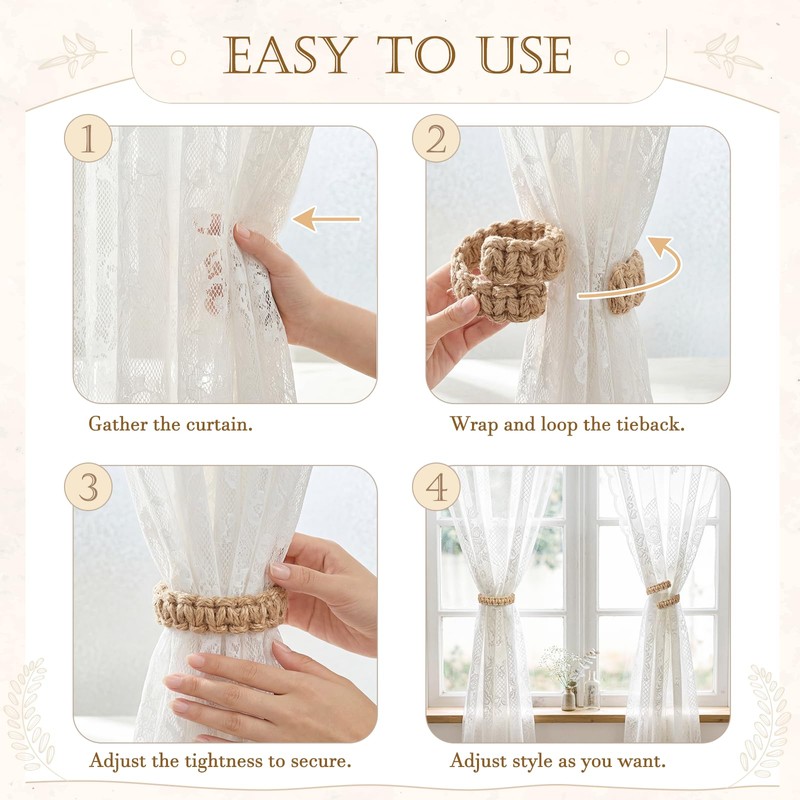 HOMEBROS Boho Curtain Tiebacks, Braided Curtain Holdbacks, Brown, 4 Pcs