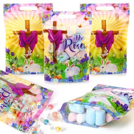Tatuo 50 Pcs Easter Gift Bags Clear Easter Religious Sealing Pouches with Handles Resealable He Is Risen Plastic Bags for Egg Hunt Holiday Party Candy Treat Goodie Wrap Favors Supplies Decorations