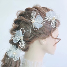 RICISUNG Hair Accessories, Hair Ornament, Wedding Headdress, 3 Types, 4 Piece Set, Pearl, Hairpins, Flowers, Hair Clips, Handmade, Brides, Weddings, Receptions, Kimonos, Coming-of-Age Ceremonies, After-parties, Graduation Ceremonies, Children, Recitals