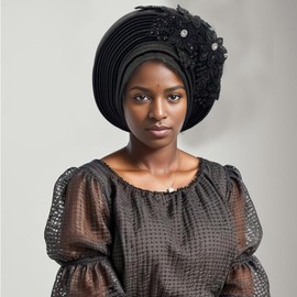 NJYFG Fashion African Autogele Headtie Nigeria Women Head Wraps Already Made Wedding Geles (black)