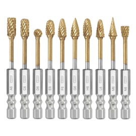 Saipor 10Pcs Titanium Tungsten Carbide Burr Set for Die Grinder Bits, 1/4" Quick-Change Shank, Head Dia 6mm, Metal Wood Stone Steel Grinding Deburring Cutting Porting Carving