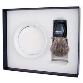 PLISSON 4 Piece Shaving Set with Pearl Grey Badger Hair Shaving Brush - Size 12 - Includes Holder, Shaving Bowl and Soap - For Wet Shaving - Made in France
