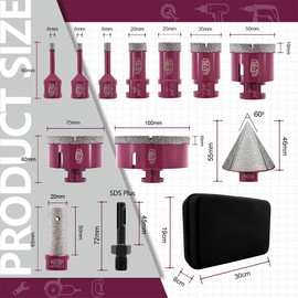 QUEFORET Diamond Drill Bits Set 12pcs - 9pcs 6/6/8/20/25/35/50/75/100mm Hole Saw, 20mm Finger Milling Bit, 50mm Beveling Chamfer Bit, 5/8-11 Thread, Adapter for Ceramic Porcelain Tile Marble Granite