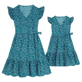 Mommy and Me Matching Dresses Boho Floral Print Ruffle Hemline Midi Hawaiian Vacation Beach A Line Dress Flutter Sleeve Summer V Neck Self-Tied Belt Mom Daughter Outfits Green Flower 2 T
