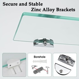 SYLXTEEM Bathroom Shelves Wall Mounted, Glass Floating Shelves for Wall, Tempered Glass Shelves for Bathroom, Kitchen, Living Room with Zinc Alloy Brackets, 16 X 5 Inches 2 Pack