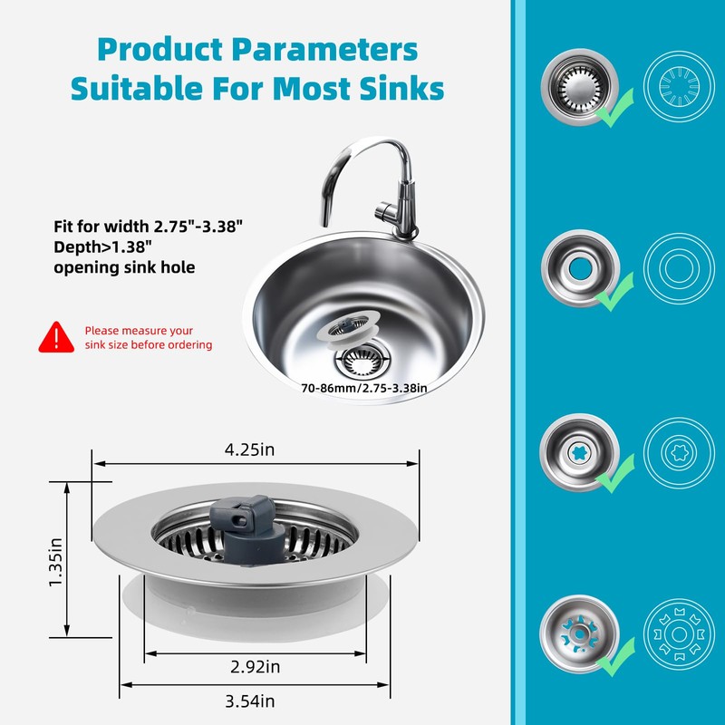 Hibbent 3 in 1 Kitchen Sink Drain Strainer, Stainless Steel